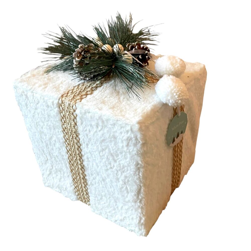 White Faux Fur Christmas Present Gift Box 11' Pine Cones Pom Pom's Holiday Decor